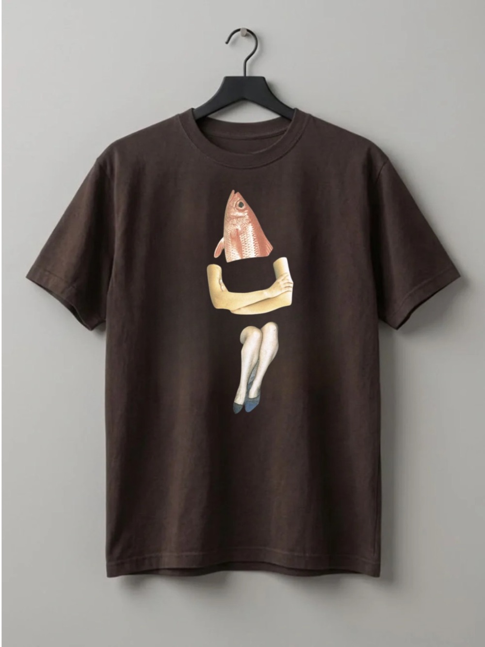 Dark Chocolate Short Sleeve Tee with Surreal Fish-Head Graphic